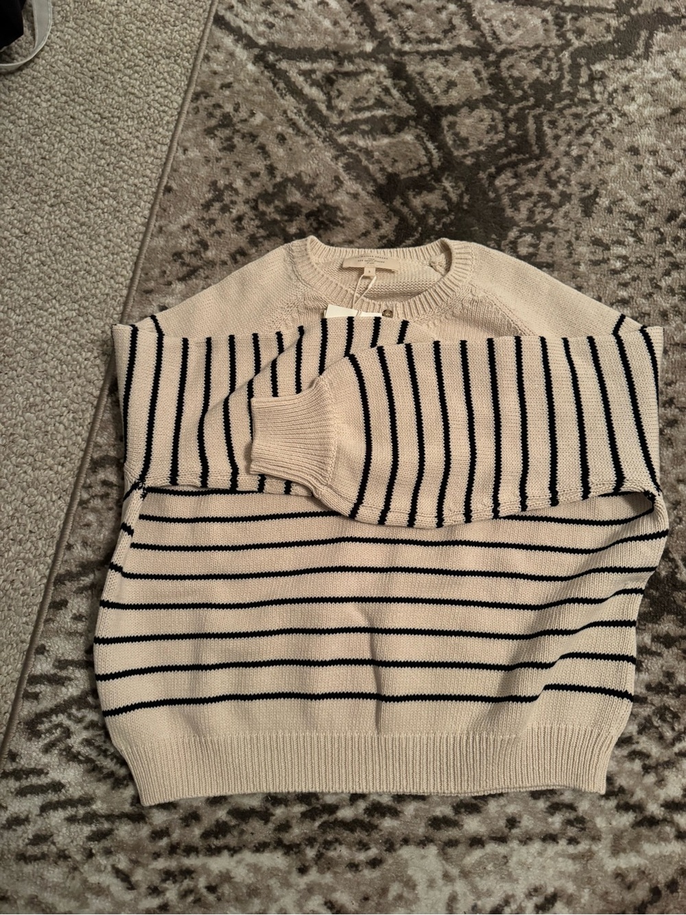 Cream and Black Striped Crewneck Sweater - Men's